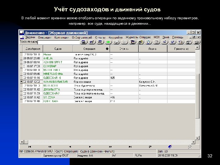 Учёт судозаходов и движений судов В любой момент времени можно отобрать операции по заданному