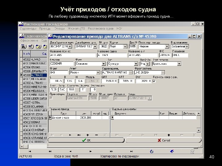 Учёт приходов / отходов судна По любому судозаходу инспектор ИГН может оформить приход судна…