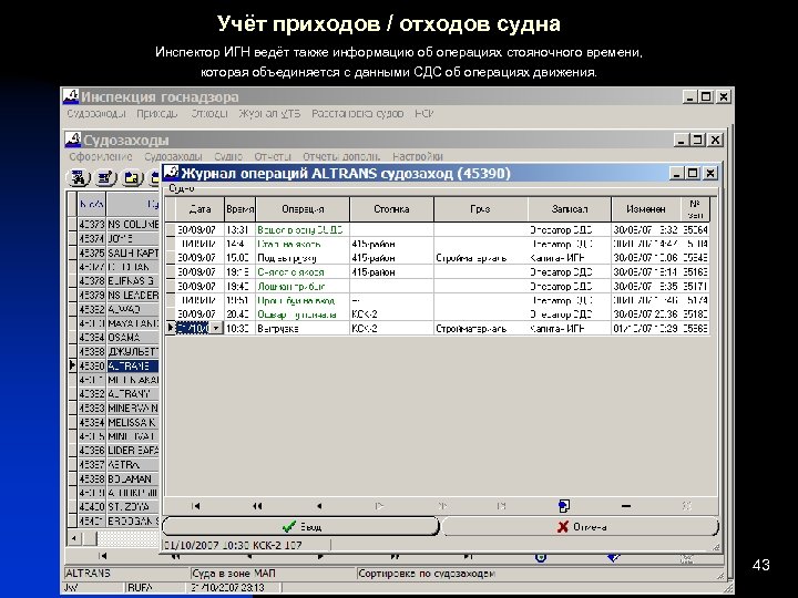 Учёт приходов / отходов судна Инспектор ИГН ведёт также информацию об операциях стояночного времени,
