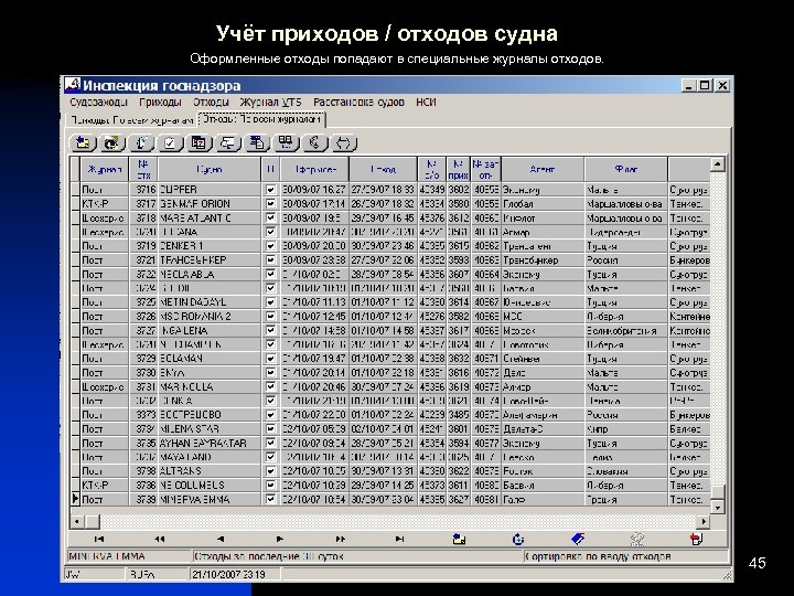 Учёт приходов / отходов судна Оформленные отходы попадают в специальные журналы отходов. 45 