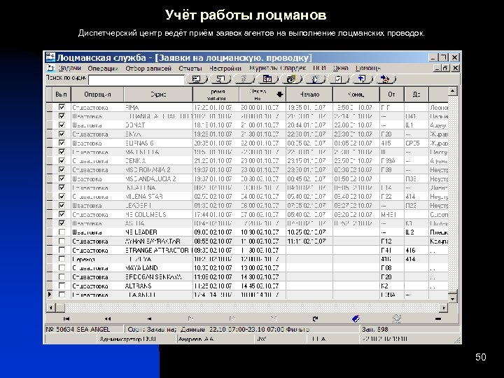 Учёт работы лоцманов Диспетчерский центр ведёт приём заявок агентов на выполнение лоцманских проводок. 50