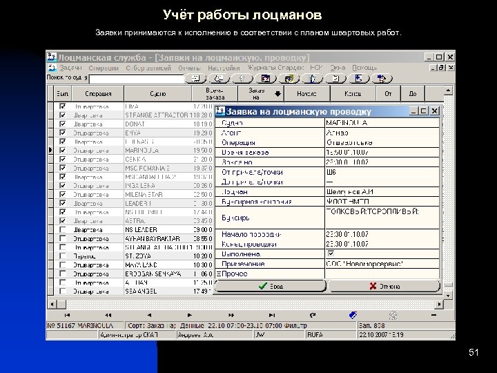 Учёт работы лоцманов Заявки принимаются к исполнению в соответствии с планом швартовых работ. 51