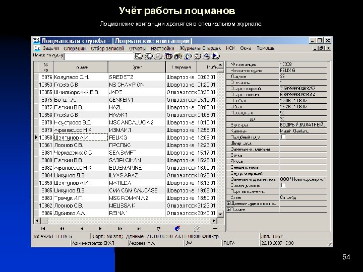 Учёт работы лоцманов Лоцманские квитанции хранятся в специальном журнале. 54 