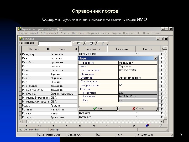 Справочник портов Содержит русские и английские названия, коды ИМО 9 