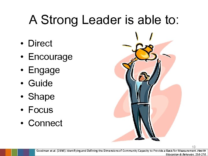 A Strong Leader is able to: • • Direct Encourage Engage Guide Shape Focus