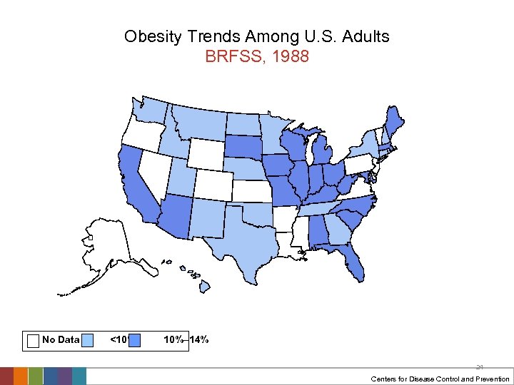 Obesity Trends Among U. S. Adults BRFSS, 1988 No Data <10% 10%– 14% 24