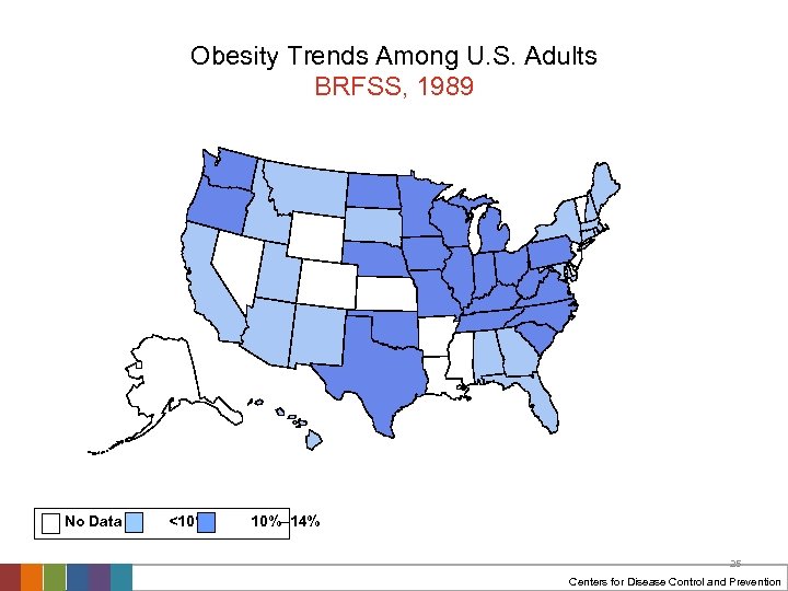 Obesity Trends Among U. S. Adults BRFSS, 1989 No Data <10% 10%– 14% 25