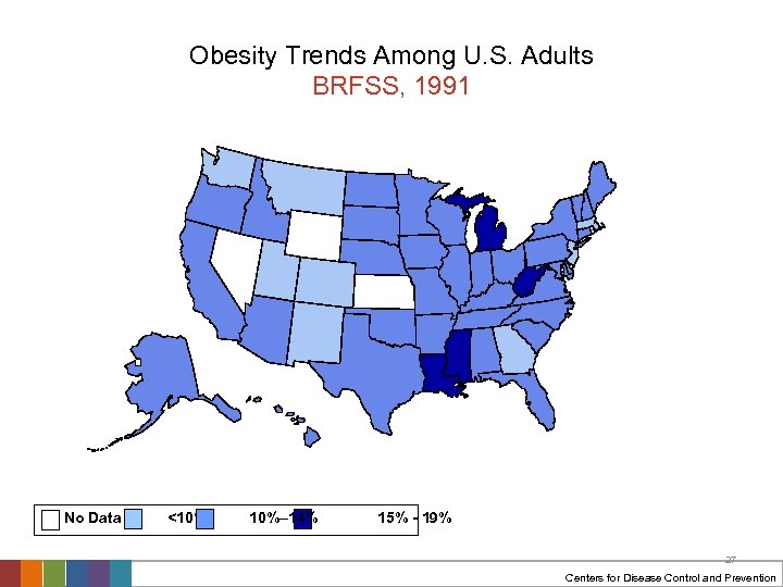 Obesity Trends Among U. S. Adults BRFSS, 1991 No Data <10% 10%– 14% 15%