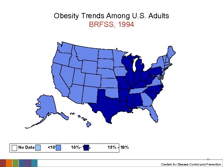 Obesity Trends Among U. S. Adults BRFSS, 1994 No Data <10% 10%– 14% 15%