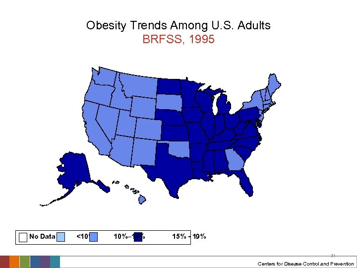 Obesity Trends Among U. S. Adults BRFSS, 1995 No Data <10% 10%– 14% 15%