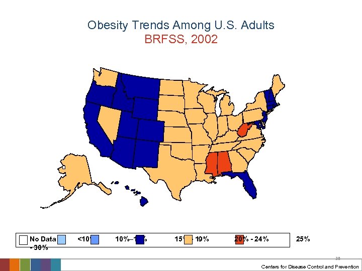 Obesity Trends Among U. S. Adults BRFSS, 2002 No Data - 30% <10% 10%–