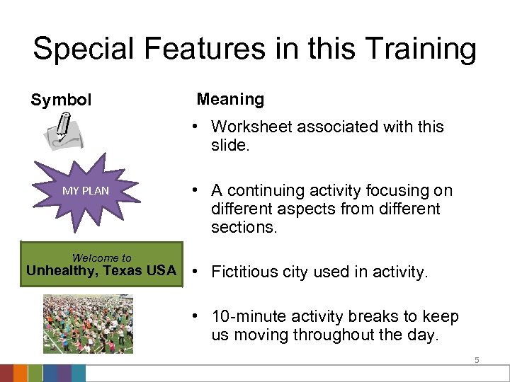 Special Features in this Training Symbol Meaning • Worksheet associated with this slide. MY