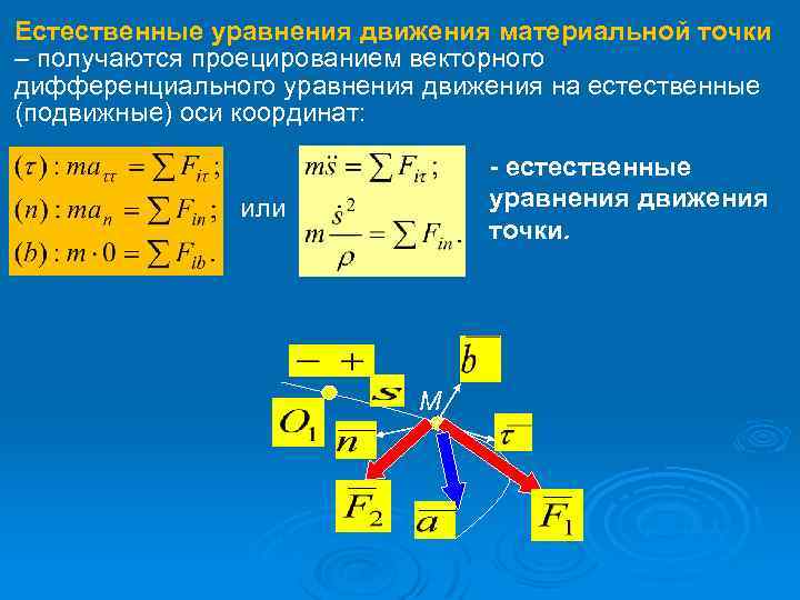 Естественные уравнения движения материальной точки – получаются проецированием векторного дифференциального уравнения движения на естественные