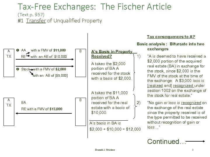 Tax-Free Exchanges: The Fischer Article (Text p. 957) #1 Transfer of Unqualified Property Tax