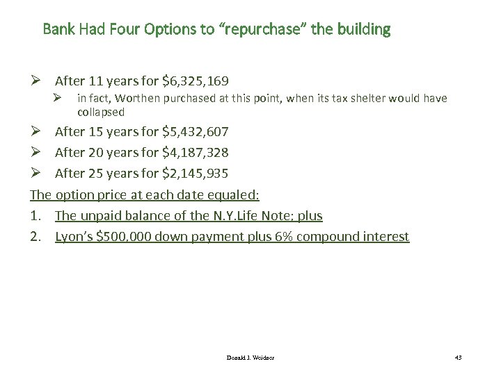 Bank Had Four Options to “repurchase” the building Ø After 11 years for $6,