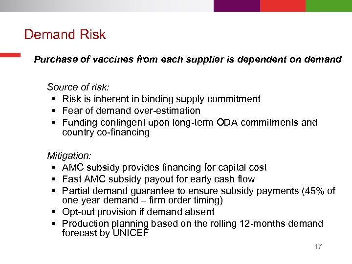 Demand Risk Purchase of vaccines from each supplier is dependent on demand Source of