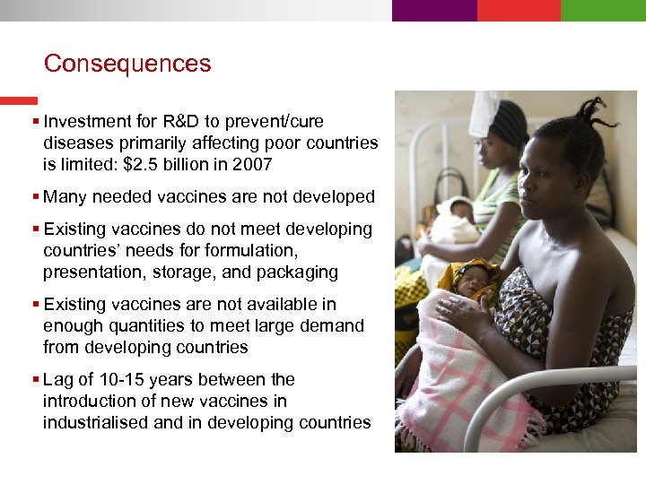 Consequences § Investment for R&D to prevent/cure diseases primarily affecting poor countries is limited:
