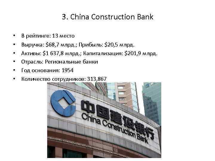 3. China Construction Bank • • • В рейтинге: 13 место Выручка: $68, 7