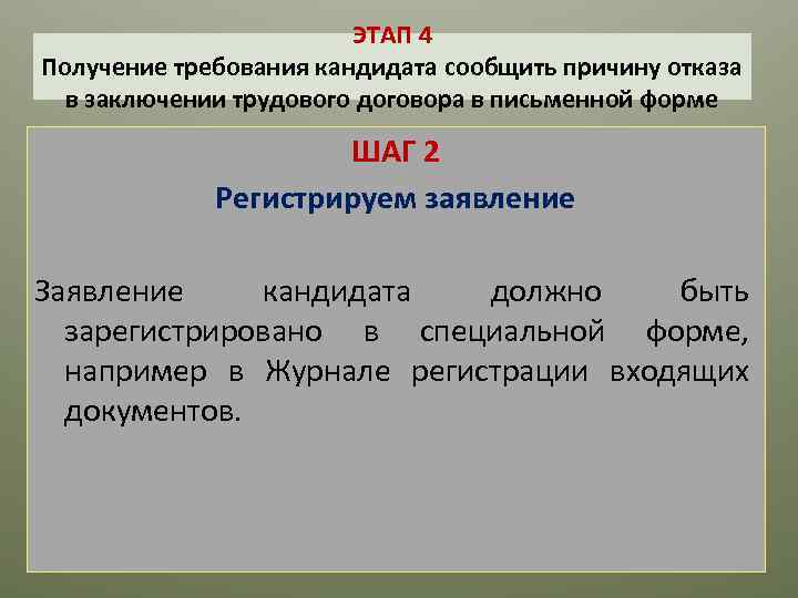 ЭТАП 4 Получение требования кандидата сообщить причину отказа в заключении трудового договора в письменной