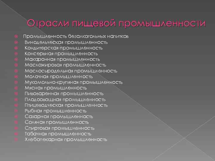 Отрасли пищевой промышленности Промышленность безалкогольных напитков Винодельческая промышленность Кондитерская промышленность Консервная промышленность Макаронная промышленность