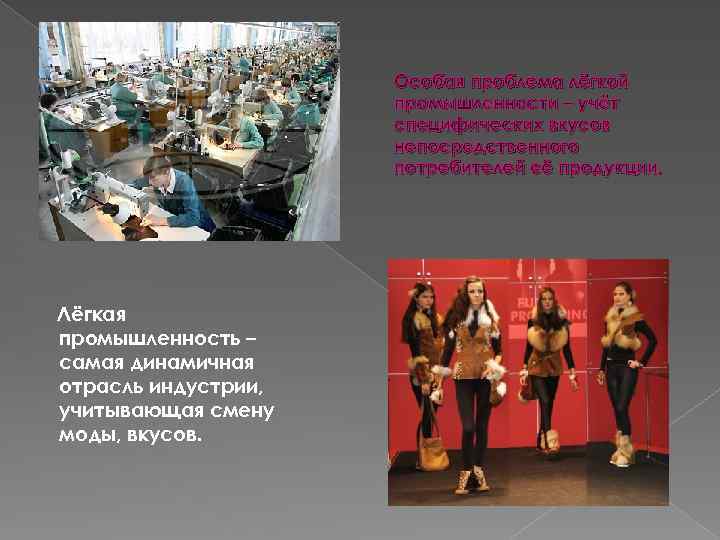 Особая проблема лёгкой промышленности – учёт специфических вкусов непосредственного потребителей её продукции. Лёгкая промышленность