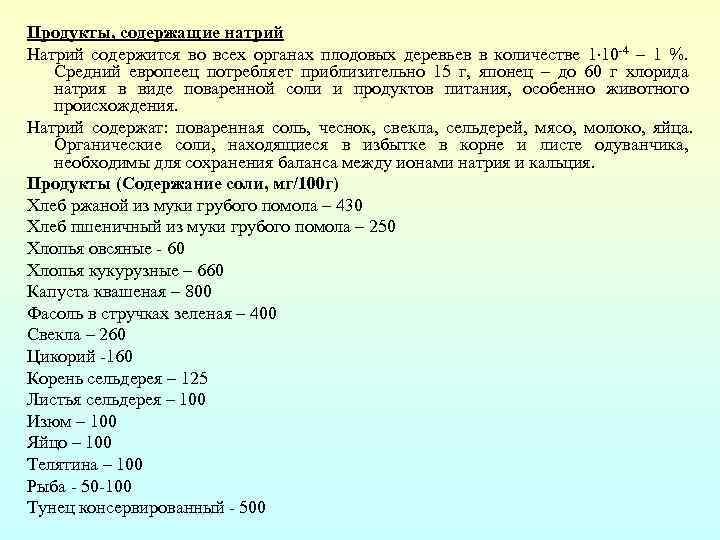 Продукты, содержащие натрий Натрий содержится во всех органах плодовых деревьев в количестве 1 10