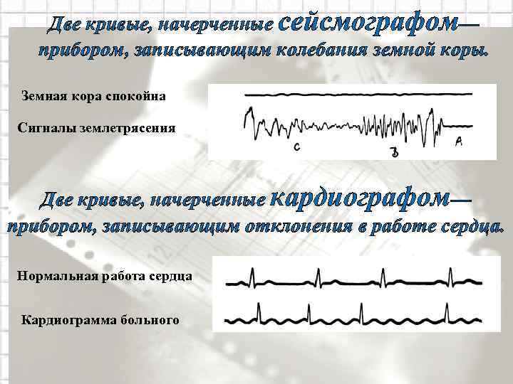 Две кривые, начерченные сейсмографом— прибором, записывающим колебания земной коры. Земная кора спокойна Сигналы землетрясения