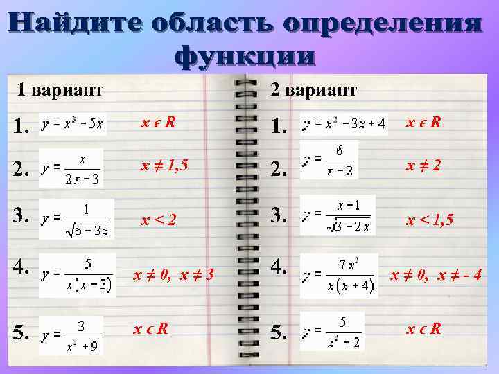 1 вариант 2 вариант 1. хϵR 2. х ≠ 1, 5 2. х≠ 2