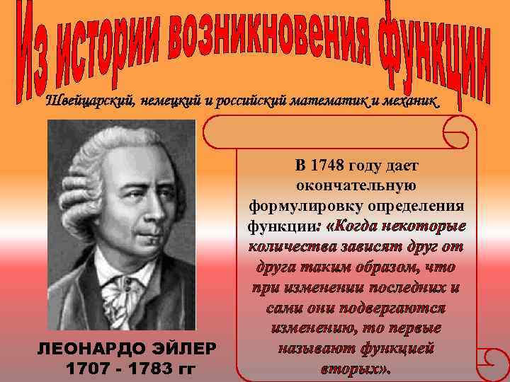 Швейцарский, немецкий и российский математик и механик ЛЕОНАРДО ЭЙЛЕР 1707 - 1783 гг В