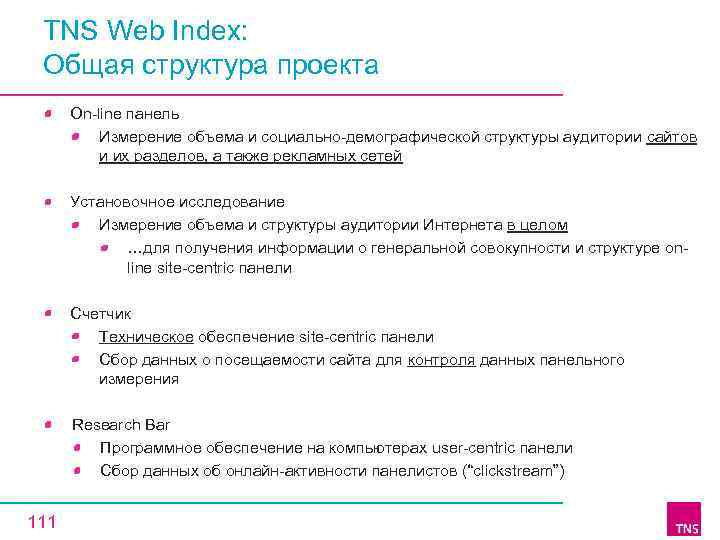 TNS Web Index: Общая структура проекта On line панель Измерение объема и социально демографической