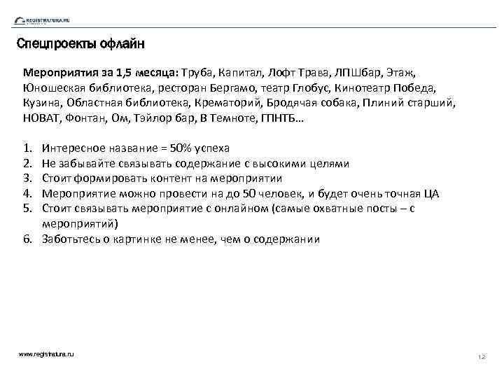 Спецпроекты офлайн Мероприятия за 1, 5 месяца: Труба, Капитал, Лофт Трава, ЛПШбар, Этаж, Юношеская