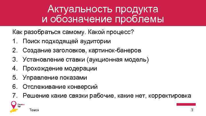 Актуальность продукта и обозначение проблемы Как разобраться самому. Какой процесс? 1. Поиск подходящей аудитории