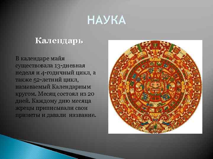 НАУКА Календарь В календаре майя существовала 13 -дневная неделя и 4 -годичный цикл, а