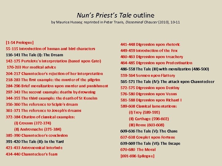 Nun’s Priest’s Tale outline by Maurice Hussey; reprinted in Peter Travis, Disseminal Chaucer (2010),