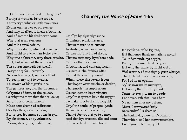  God turne us every drem to goode! Chaucer, The House of Fame 1