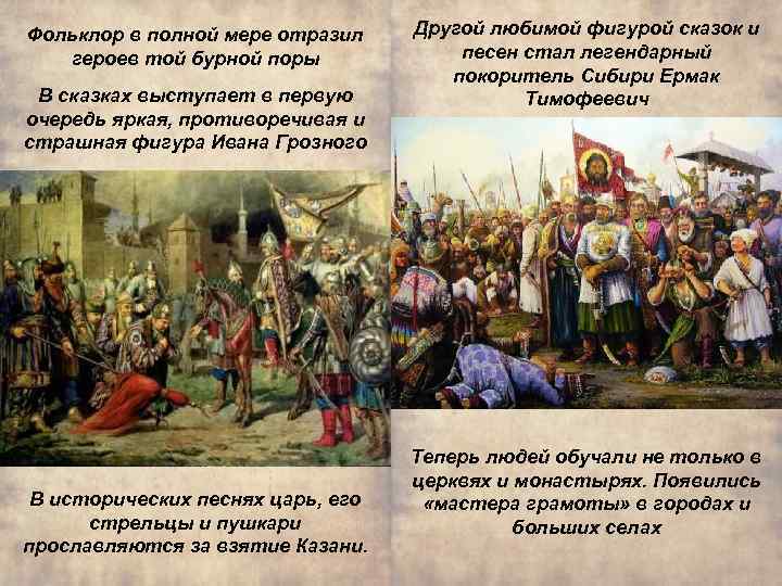 Фольклор в полной мере отразил героев той бурной поры В сказках выступает в первую