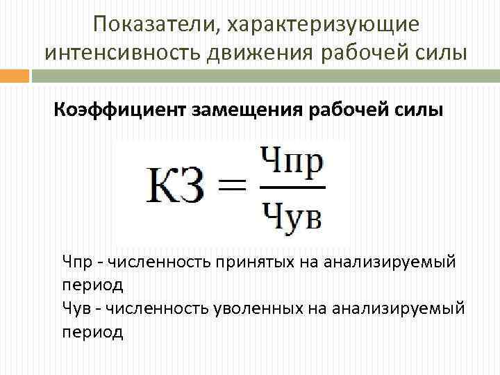 Показатели, характеризующие интенсивность движения рабочей силы Коэффициент замещения рабочей силы Чпр - численность принятых