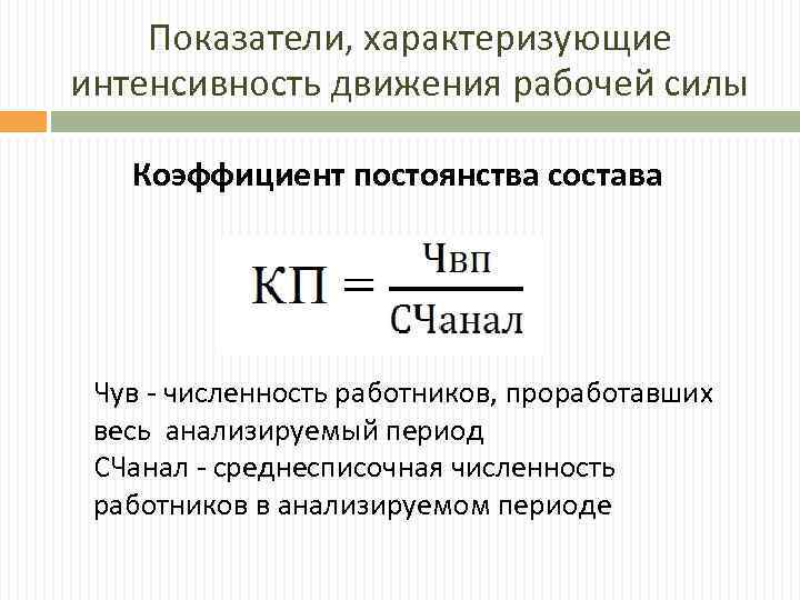 Показатели, характеризующие интенсивность движения рабочей силы Коэффициент постоянства состава Чув - численность работников, проработавших