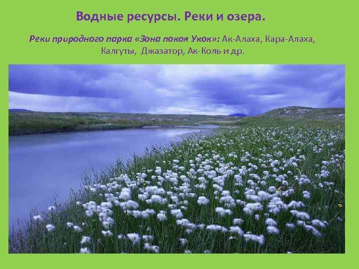 Водные ресурсы. Реки и озера. Реки природного парка «Зона покоя Укок» : Ак-Алаха, Кара-Алаха,