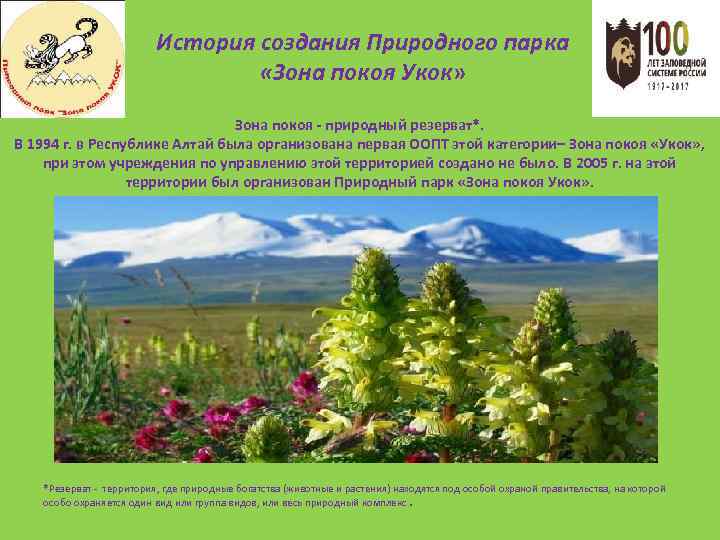 История создания Природного парка «Зона покоя Укок» Зона покоя - природный резерват*. В 1994