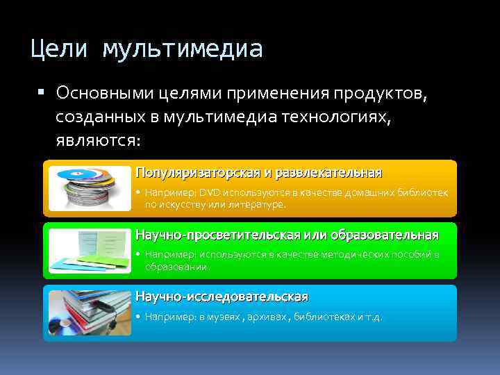 Цели мультимедиа Основными целями применения продуктов, созданных в мультимедиа технологиях, являются: Популяризаторская и развлекательная