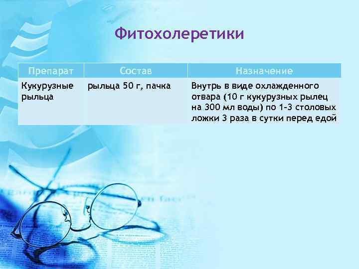 Фитохолеретики Препарат Кукурузные рыльца Состав рыльца 50 г, пачка Назначение Внутрь в виде охлажденного