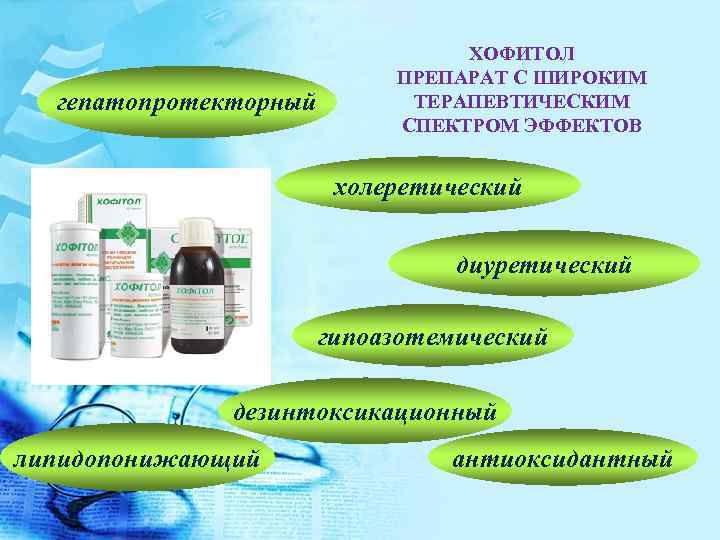 гепатопротекторный ХОФИТОЛ ПРЕПАРАТ С ШИРОКИМ ТЕРАПЕВТИЧЕСКИМ СПЕКТРОМ ЭФФЕКТОВ холеретический диуретический гипоазотемический дезинтоксикационный липидопонижающий антиоксидантный