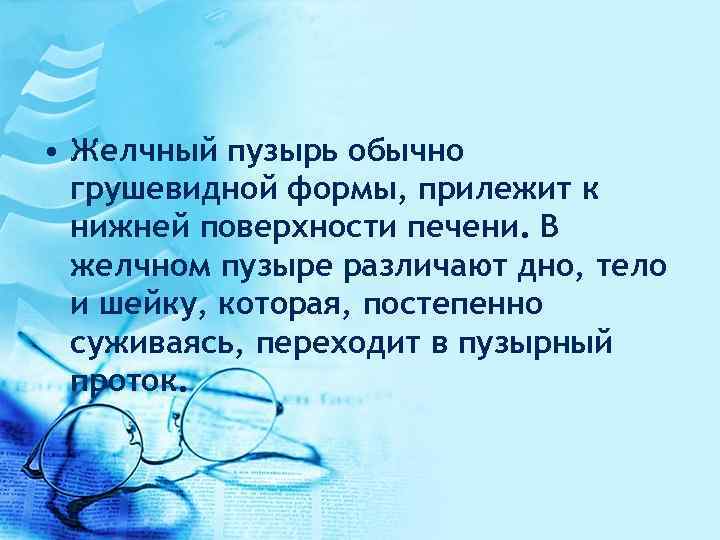  • Желчный пузырь обычно грушевидной формы, прилежит к нижней поверхности печени. В желчном