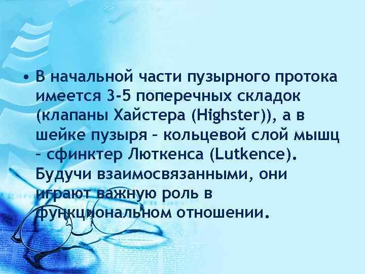 • В начальной части пузырного протока имеется 3 -5 поперечных складок (клапаны Хайстера