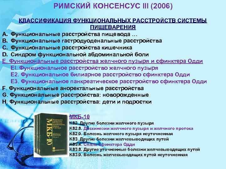 РИМСКИЙ КОНСЕНСУС III (2006) КЛАССИФИКАЦИЯ ФУНКЦИОНАЛЬНЫХ РАССТРОЙСТВ СИСТЕМЫ ПИЩЕВАРЕНИЯ A. Функциональные расстройства пищевода …