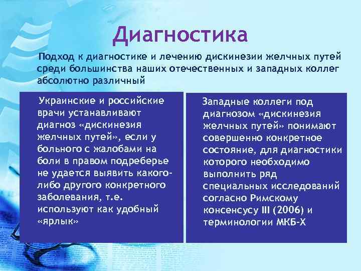 Диагностика Подход к диагностике и лечению дискинезии желчных путей среди большинства наших отечественных и