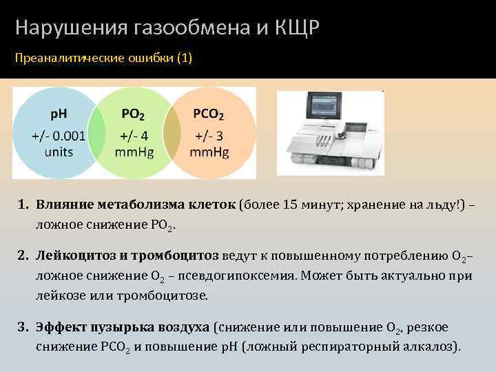 Нарушения газообмена и КЩР Преаналитические ошибки (1) 1. Влияние метаболизма клеток (более 15 минут;