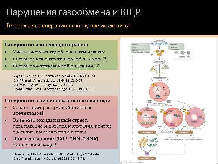 Нарушения газообмена и КЩР Гипероксия в операционной: лучше исключить! Гипероксия и кислородотерапия: • Уменьшает