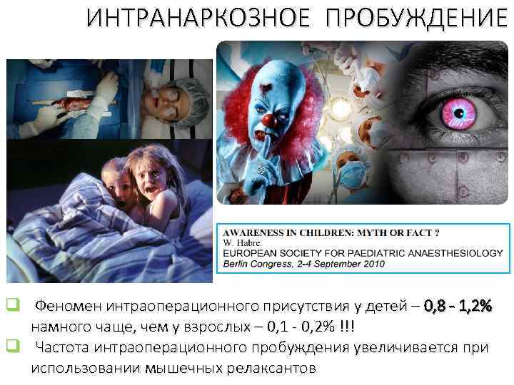 ИНТРАНАРКОЗНОЕ ПРОБУЖДЕНИЕ q Феномен интраоперационного присутствия у детей – 0, 8 - 1, 2%